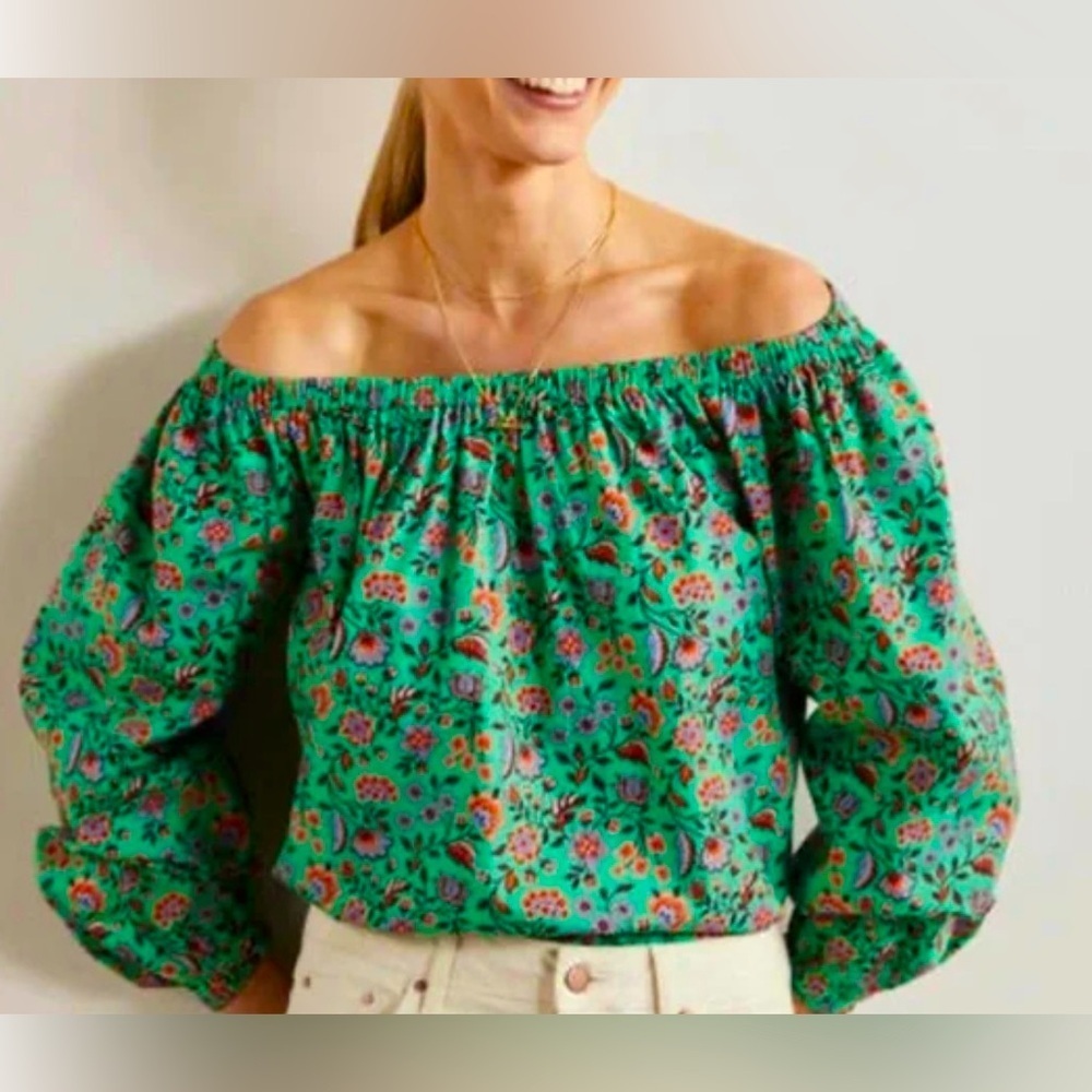 Boden Boho Melanie Off The Shoulder Cotton Top in Green Spring Floral Sz 16/18